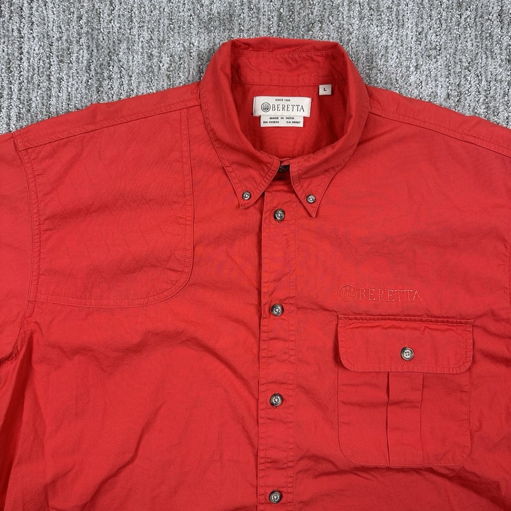 Beretta Shirt Mens Large Red Cotton Shooting Fishing Vented Short Sleeve Button
